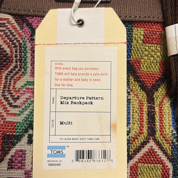 Toms *Rare Backpack. New with tags. Departure Pattern. One for One (safe birth) main image 11